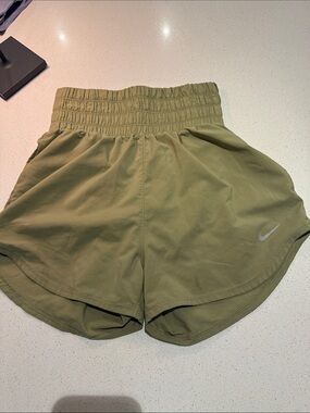 Nike Women's Olive Green Smocked-Waist Athletic Shorts